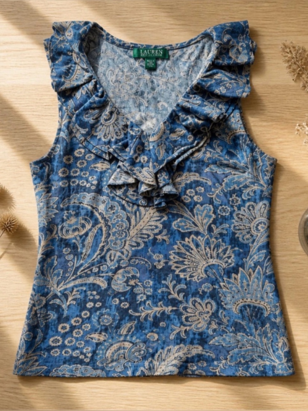 Lauren Ralph Lauren Blue Beige Paisley Ruffle Blouse Size MP
